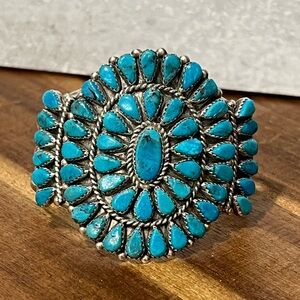Vintage signed large turquoise cluster cuff bracelet silver 925